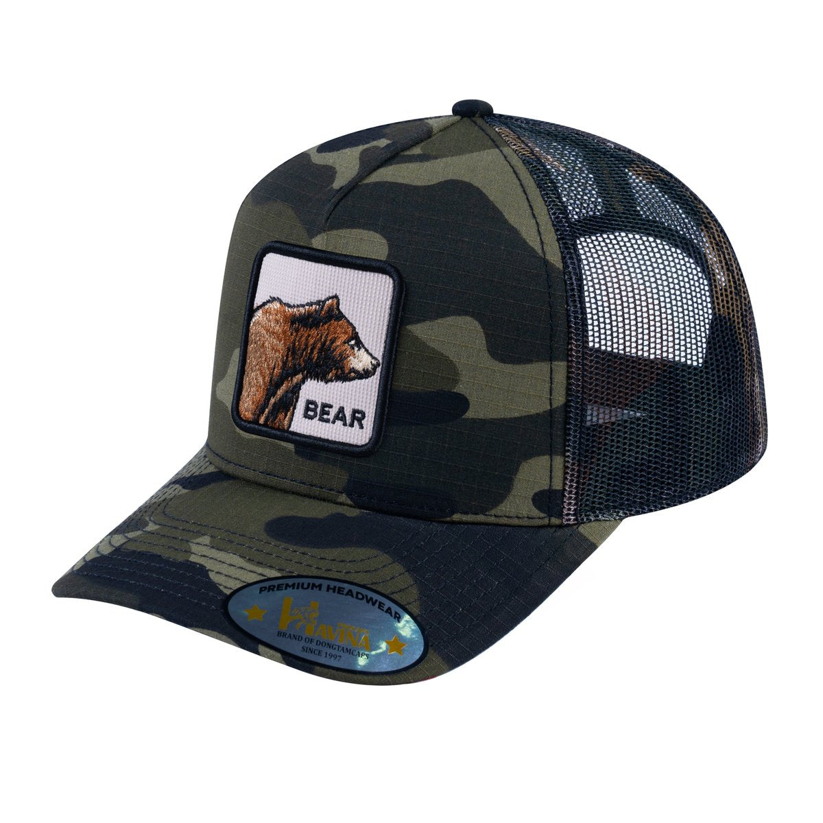 Unisex V2 Embroidered The Bear, 5-Panel Trucker Hat, Green Camo/Green Camo, Adjustable Fit