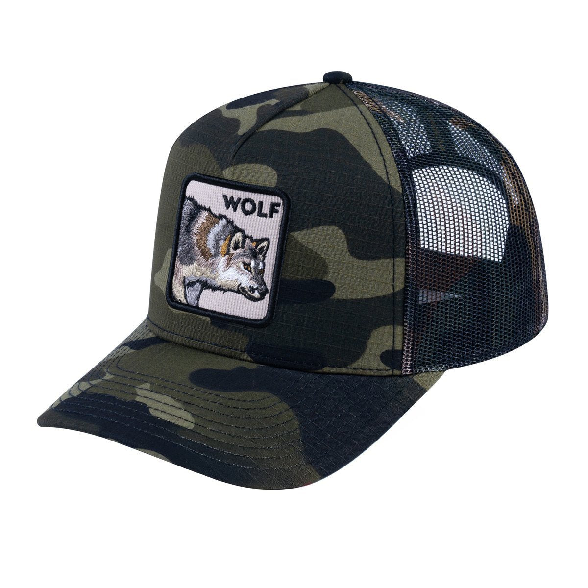 Unisex V2 Embroidered The Wolf, 5-Panel Trucker Hat, Green Camo/Green Camo, Adjustable Fit