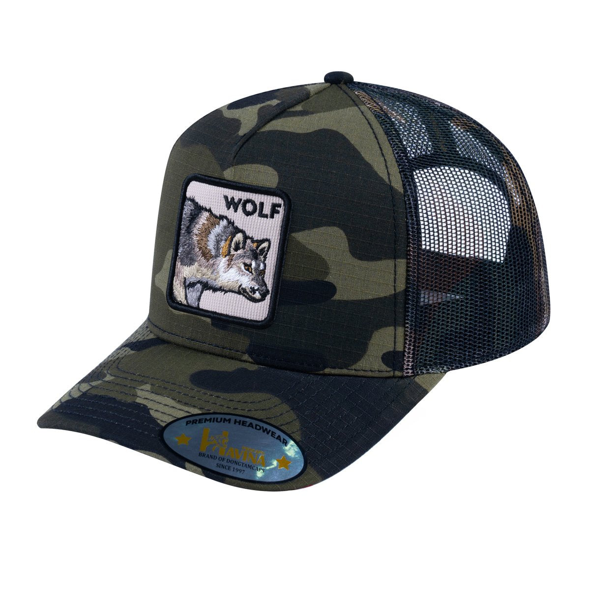 Unisex V2 Embroidered The Wolf, 5-Panel Trucker Hat, Green Camo/Green Camo, Adjustable Fit