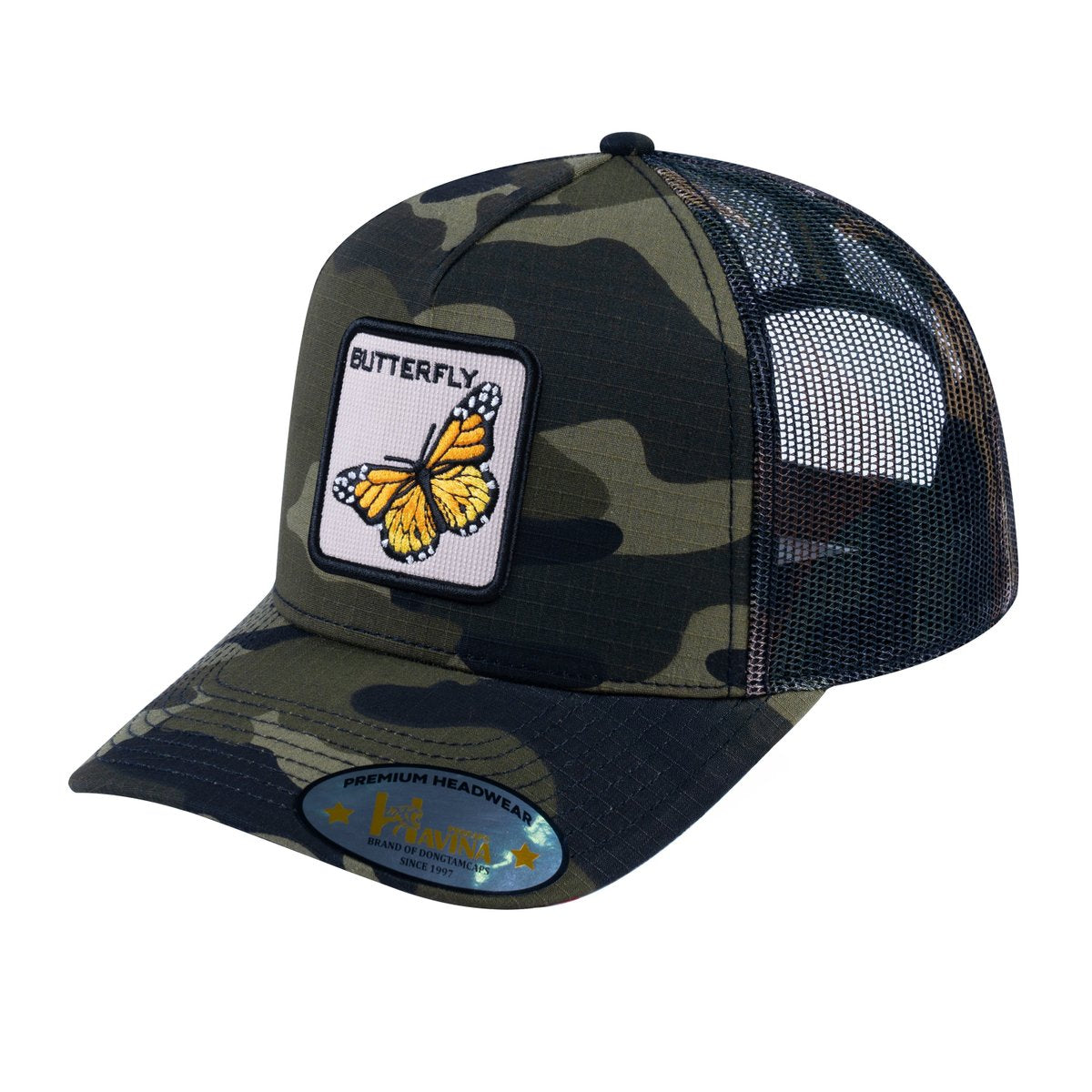 Unisex V2 Embroidered The Butterfly, 5-Panel Trucker Hat, Green Camo/Green Camo, Adjustable Fit