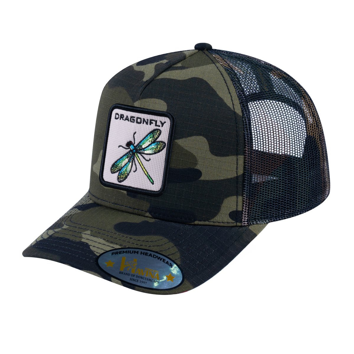 Unisex V2 Embroidered The Dragonfly, 5-Panel Trucker Hat, Green Camo/Green Camo, Adjustable Fit