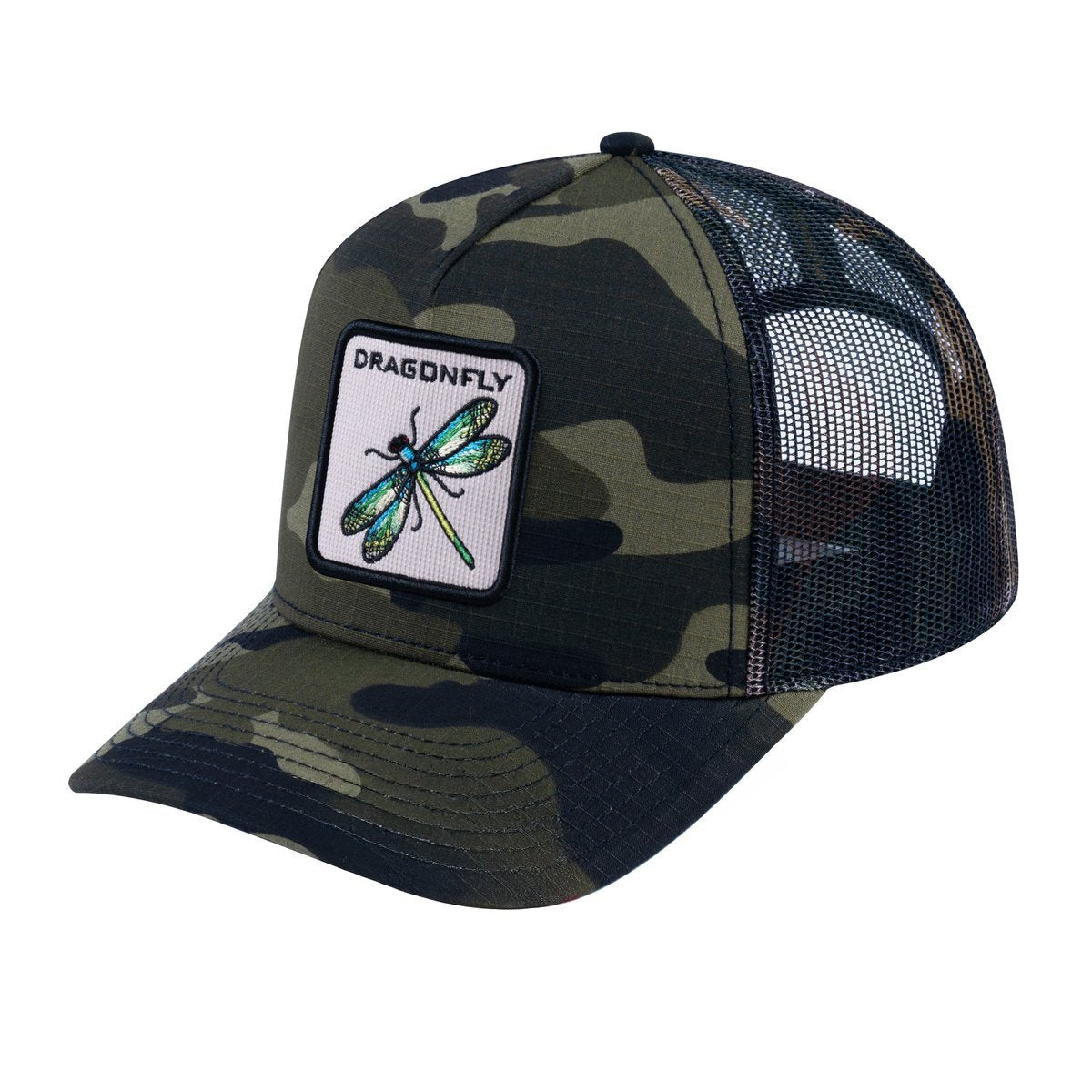 Unisex V2 Embroidered The Dragonfly, 5-Panel Trucker Hat, Green Camo/Green Camo, Adjustable Fit