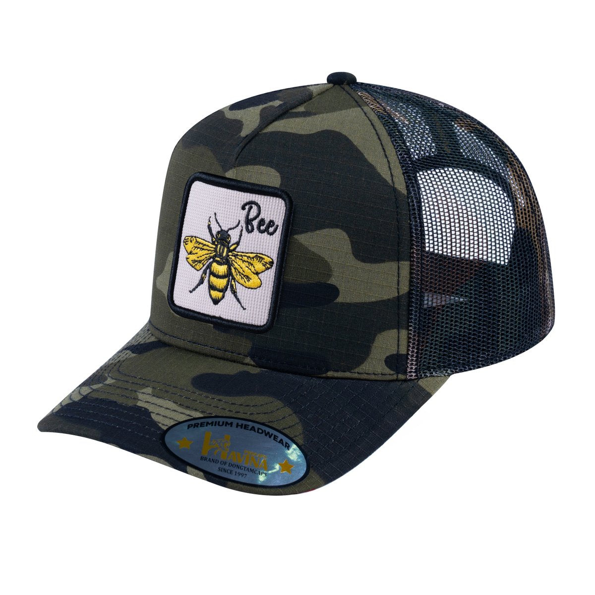Unisex V2 Embroidered The Bee, 5-Panel Trucker Hat, Green Camo/Green Camo, Adjustable Fit