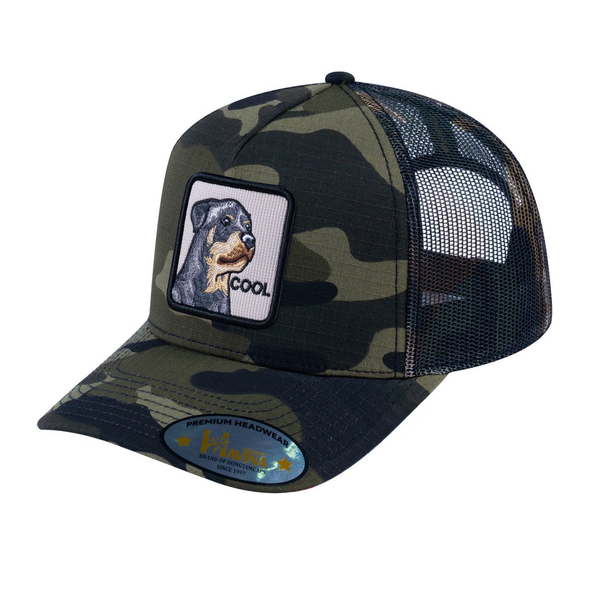 Unisex V2 Embroidered The Dog, 5-Panel Trucker Hat, Green Camo/Green Camo, Adjustable Fit