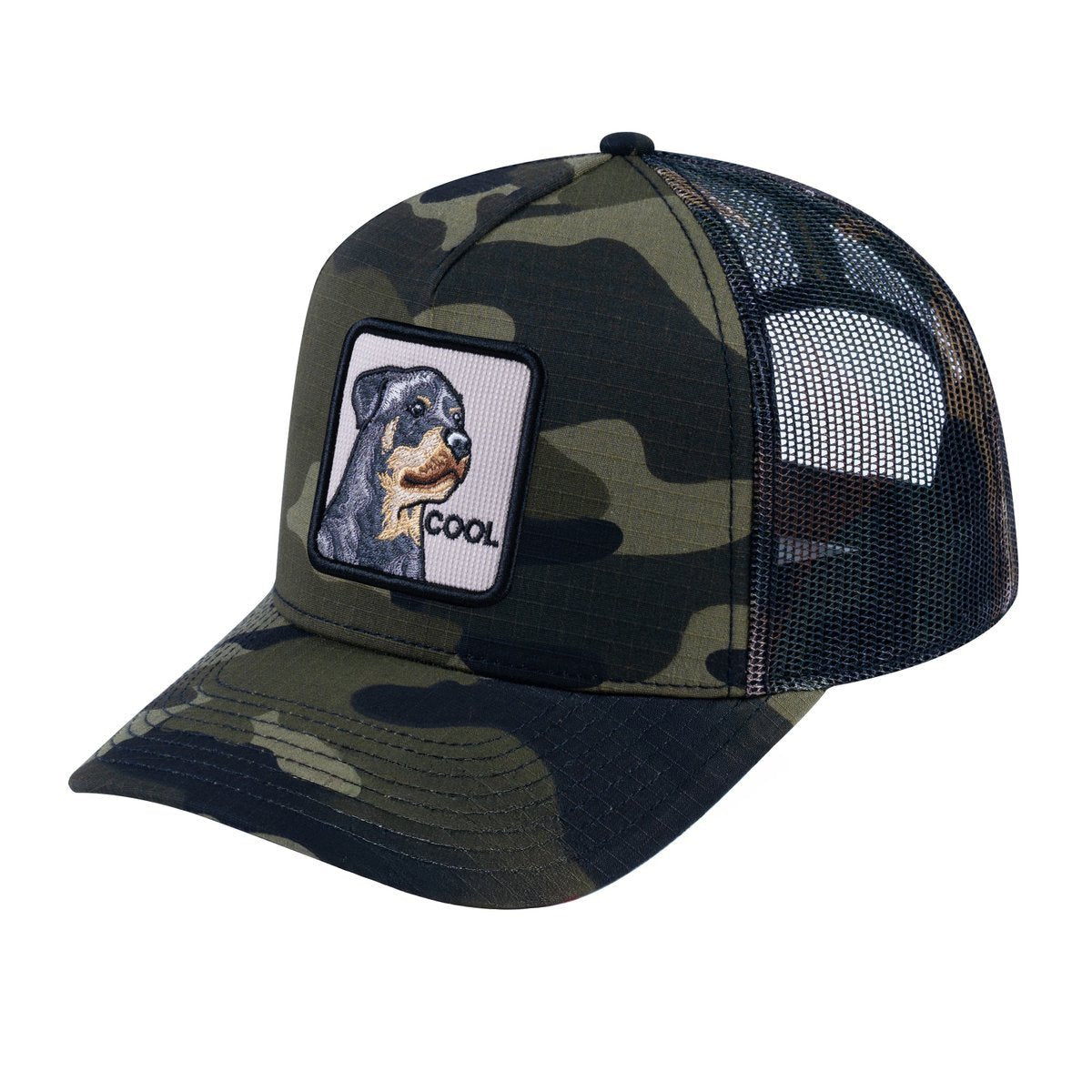 Unisex V2 Embroidered The Dog, 5-Panel Trucker Hat, Green Camo/Green Camo, Adjustable Fit