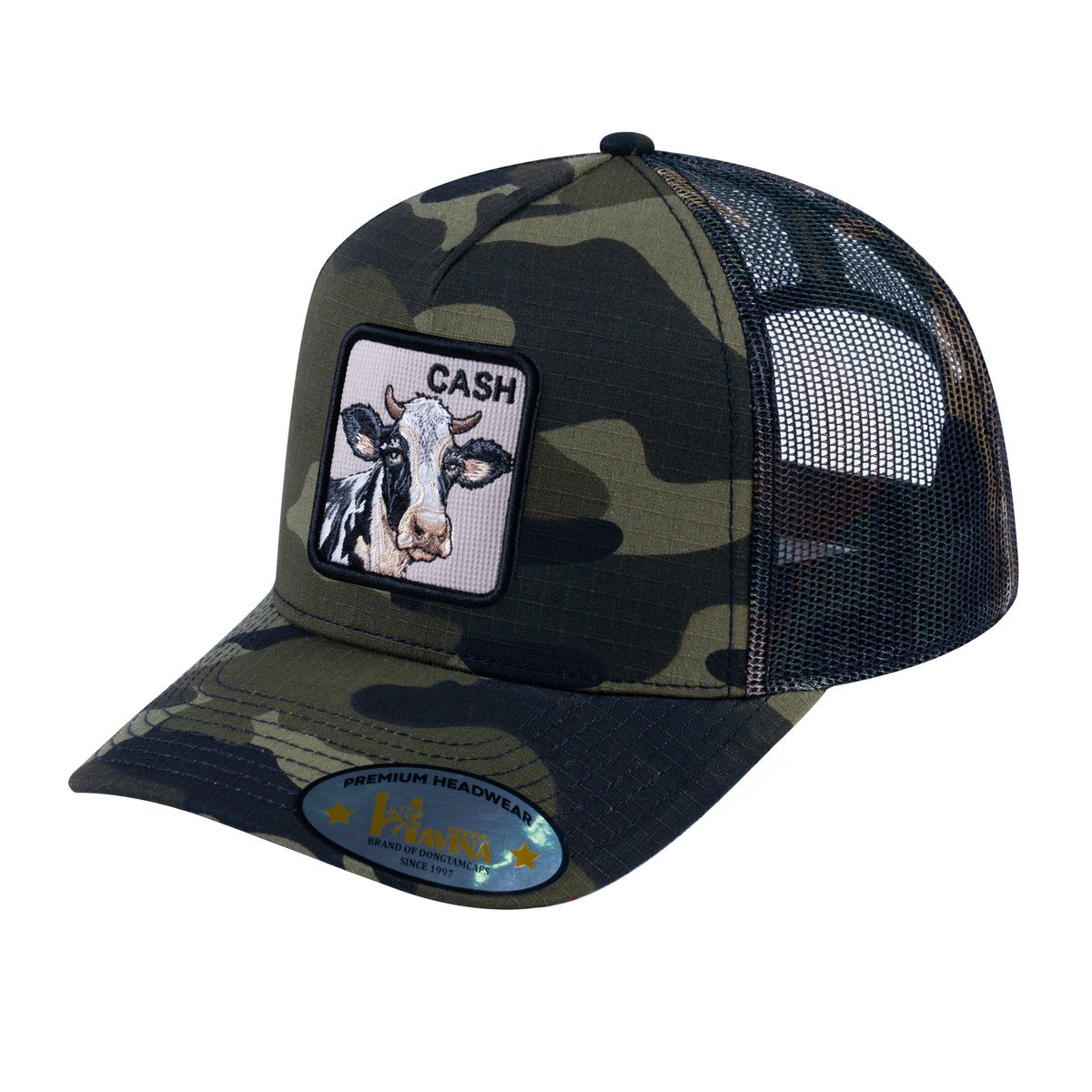 Unisex V2 Embroidered The Cow, 5-Panel Trucker Hat, Green Camo/Green Camo, Adjustable Fit