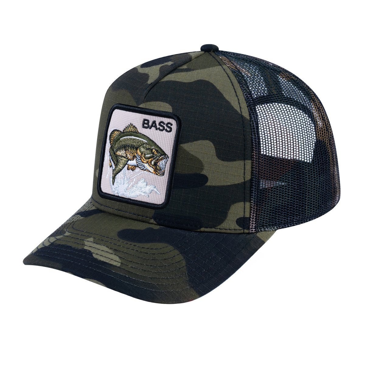 Unisex V2 Embroidered The Bass, 5-Panel Trucker Hat, Green Camo/Green Camo, Adjustable Fit
