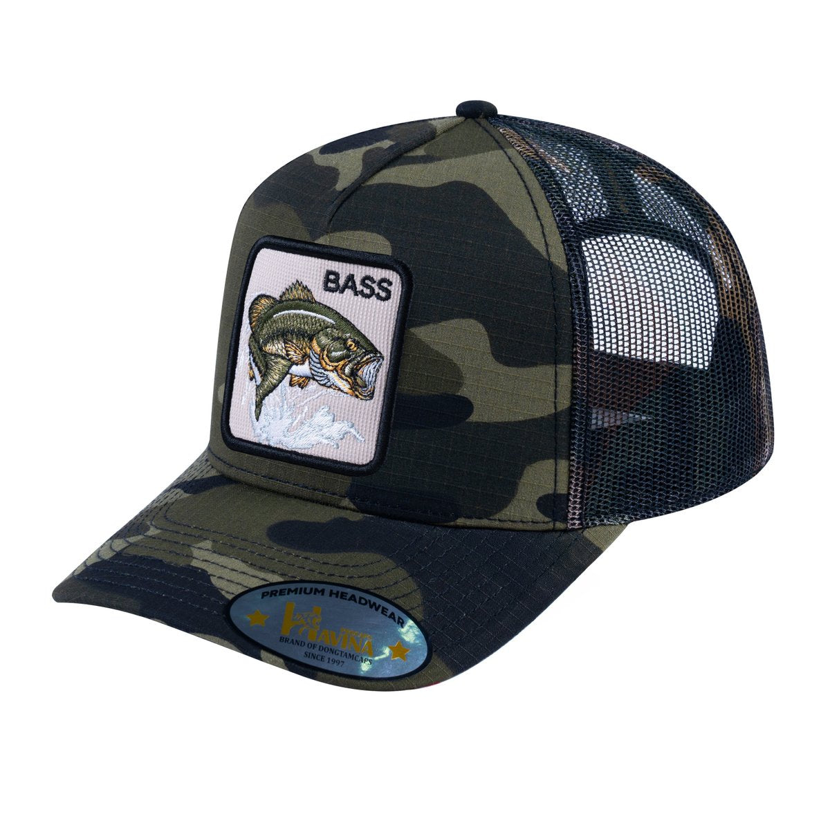 Unisex V2 Embroidered The Bass, 5-Panel Trucker Hat, Green Camo/Green Camo, Adjustable Fit