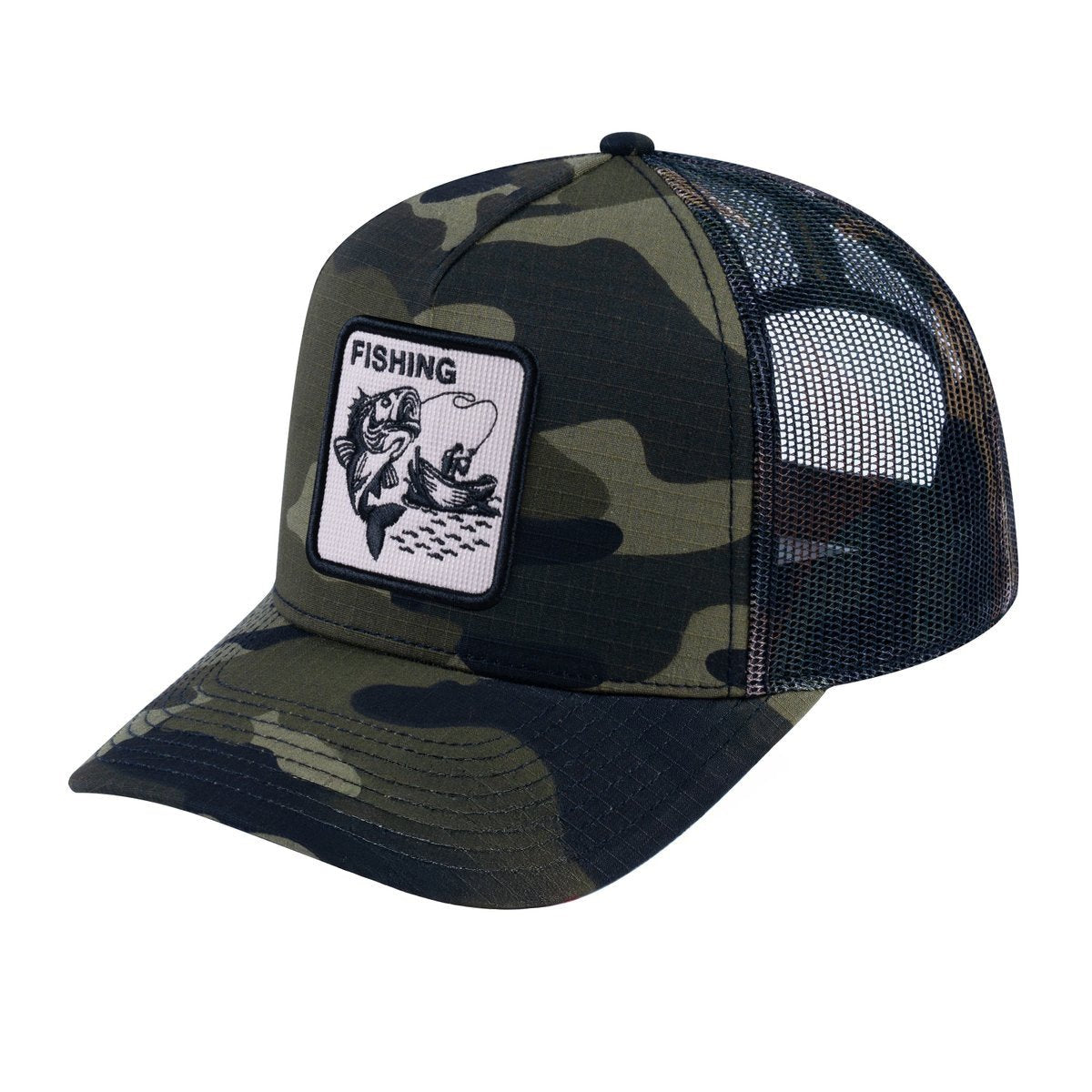Unisex V2 Embroidered The Fishing, 5-Panel Trucker Hat, Green Camo/Green Camo, Adjustable Fit