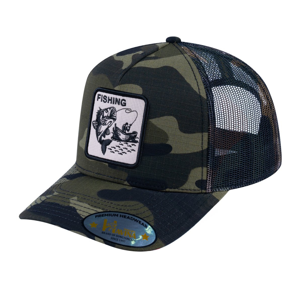 Unisex V2 Embroidered The Fishing, 5-Panel Trucker Hat, Green Camo/Green Camo, Adjustable Fit