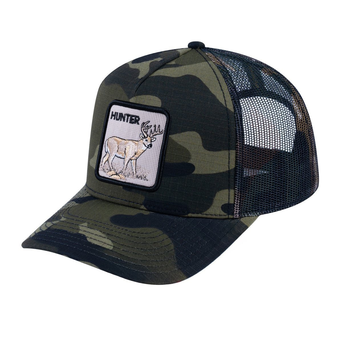 Unisex V2 Embroidered The Hunter, 5-Panel Trucker Hat, Green Camo/Green Camo, Adjustable Fit