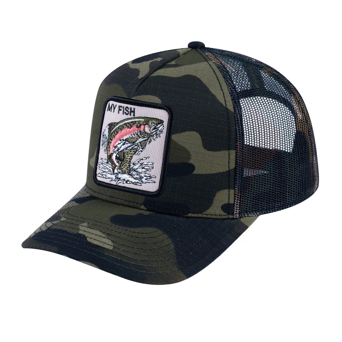Unisex V2 Embroidered The Salmon, 5-Panel Trucker Hat, Green Camo/Green Camo, Adjustable Fit