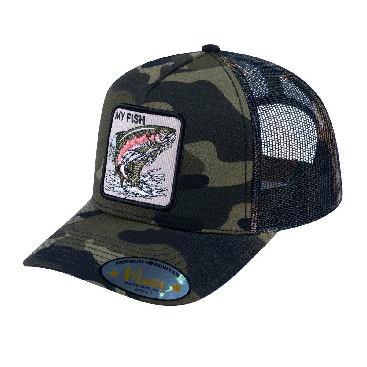Unisex V2 Embroidered The Salmon, 5-Panel Trucker Hat, Green Camo/Green Camo, Adjustable Fit