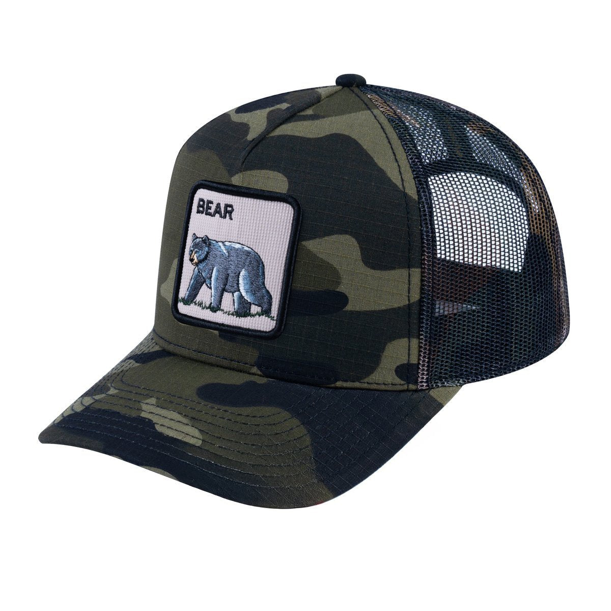 Unisex V2 Embroidered The Bear V2, 5-Panel Trucker Hat, Green Camo/Green Camo, Adjustable Fit