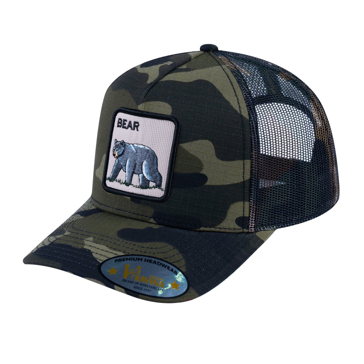 Unisex V2 Embroidered The Bear V2, 5-Panel Trucker Hat, Green Camo/Green Camo, Adjustable Fit