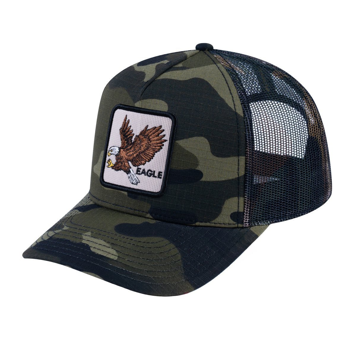 Unisex V2 Embroidered The Eagle, 5-Panel Trucker Hat, Green Camo/Green Camo, Adjustable Fit
