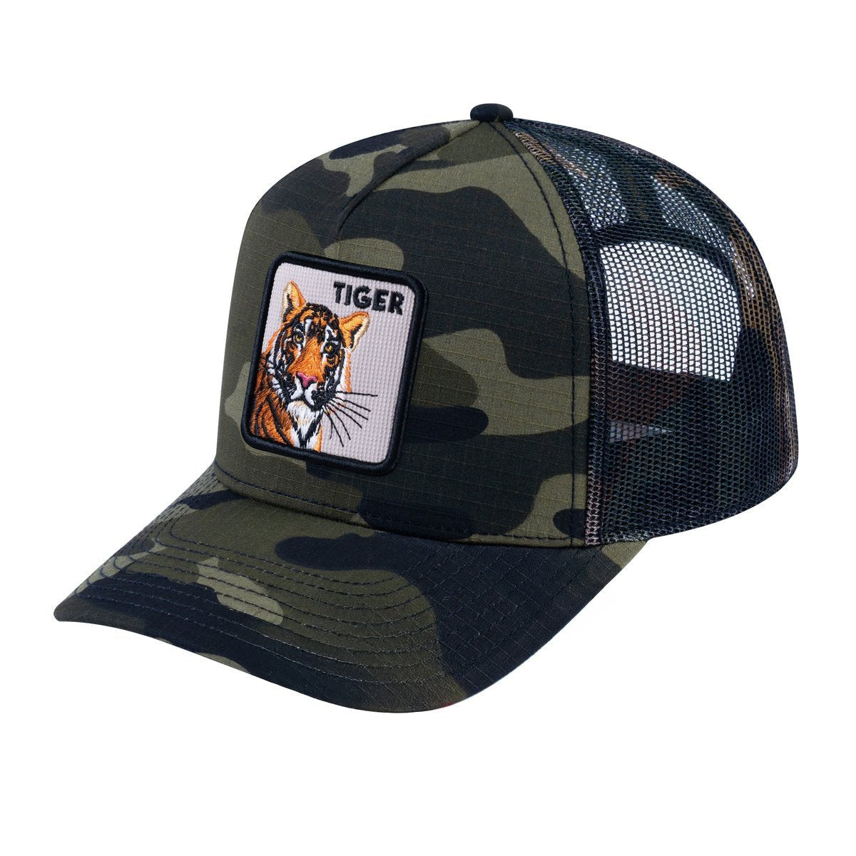 Unisex V2 Embroidered The Tiger, 5-Panel Trucker Hat, Green Camo/Green Camo, Adjustable Fit