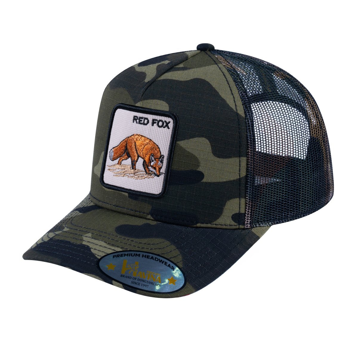 Unisex V2 Embroidered The Red Fox, 5-Panel Trucker Hat, Green Camo/Green Camo, Adjustable Fit