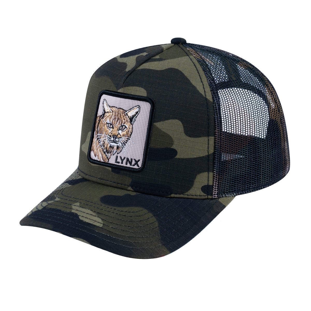 Unisex V2 Embroidered The Lynx, 5-Panel Trucker Hat, Green Camo/Green Camo, Adjustable Fit