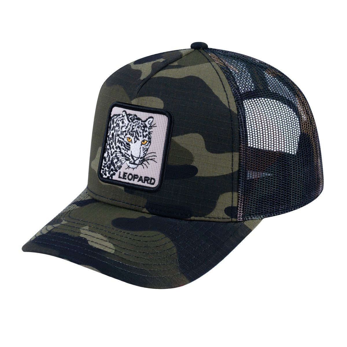 Unisex V2 Embroidered The Leopard, 5-Panel Trucker Hat, Green Camo/Green Camo, Adjustable Fit