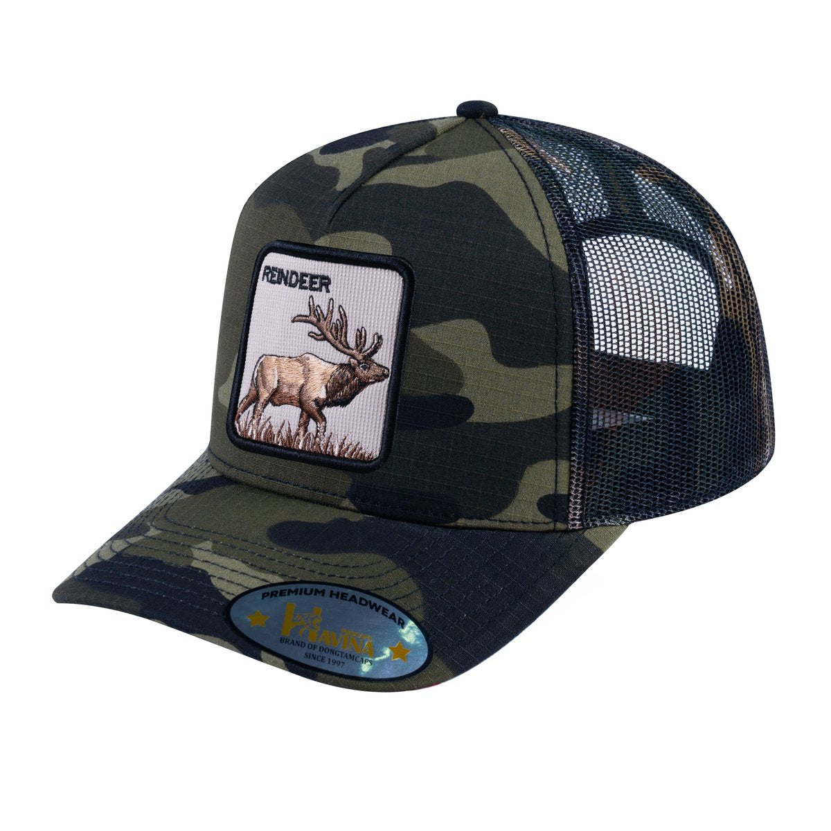 Unisex V2 Embroidered The Reindeer, 5-Panel Trucker Hat, Green Camo/Green Camo, Adjustable Fit