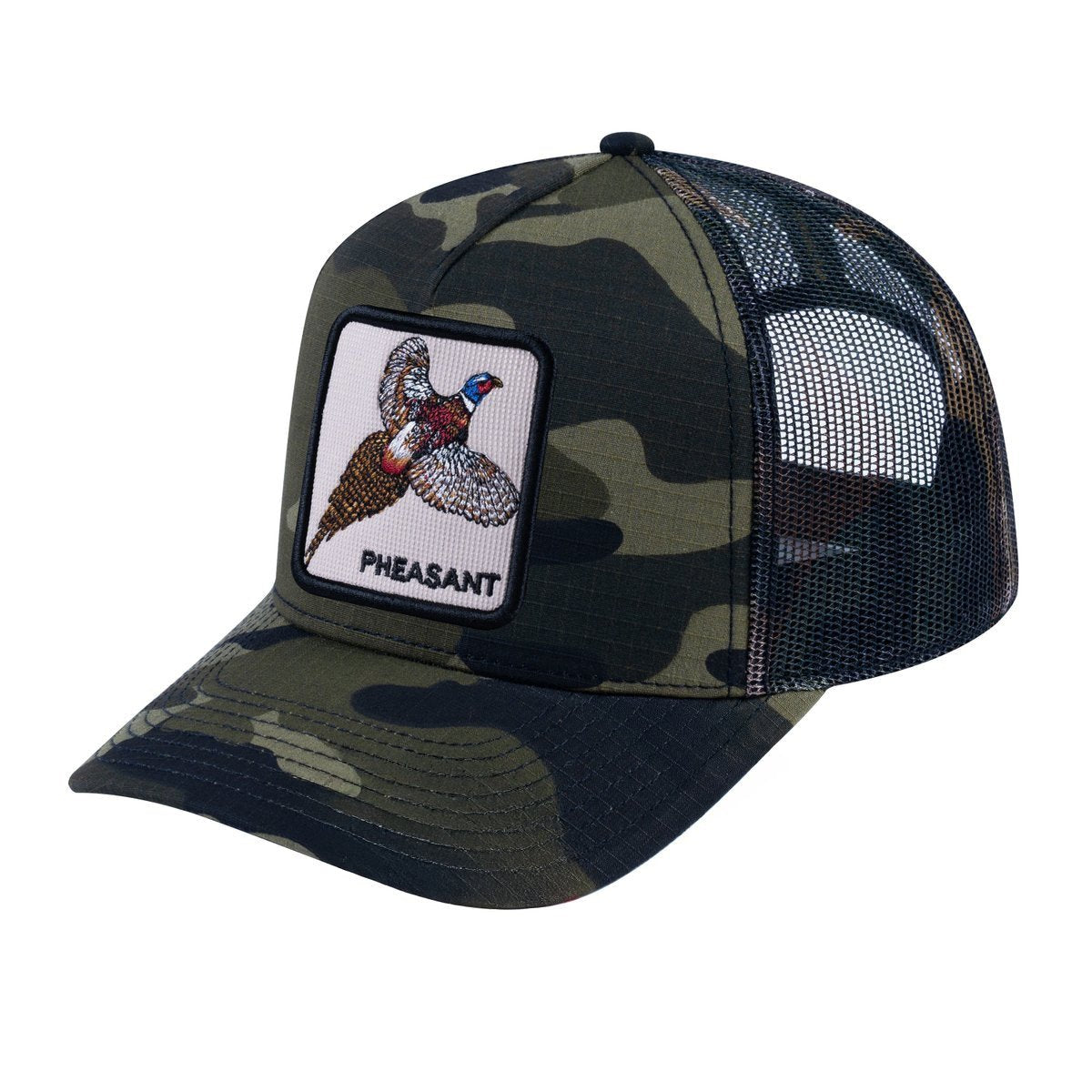 Unisex V2 Embroidered The Pheasant, 5-Panel Trucker Hat, Green Camo/Green Camo, Adjustable Fit