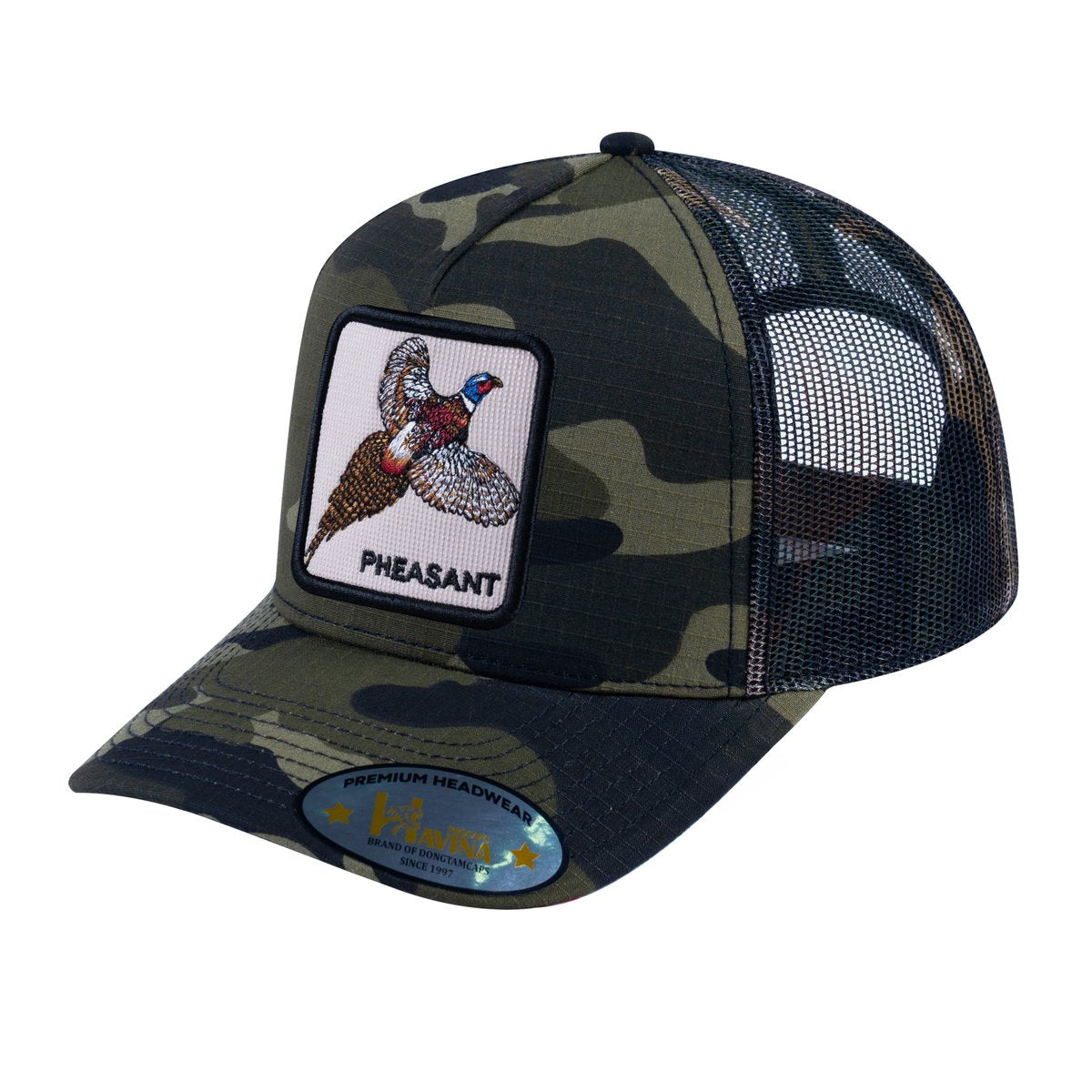 Unisex V2 Embroidered The Pheasant, 5-Panel Trucker Hat, Green Camo/Green Camo, Adjustable Fit