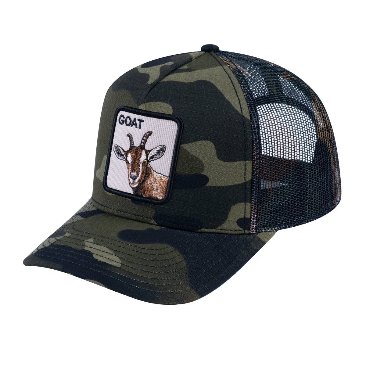 Unisex V2 Embroidered The Goat, 5-Panel Trucker Hat, Green Camo/Green Camo, Adjustable Fit