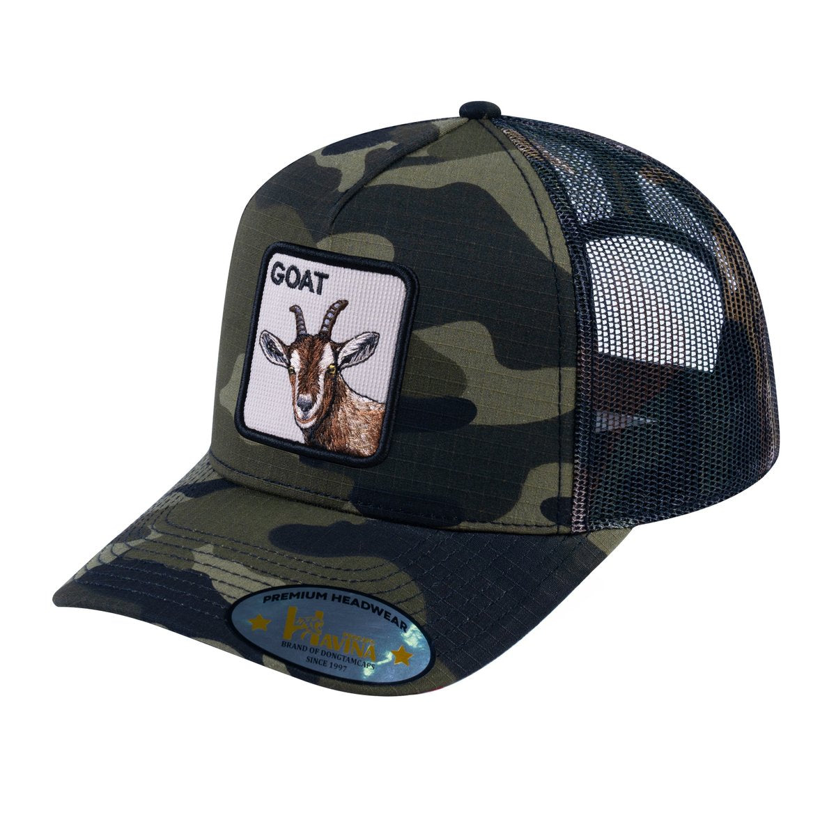 Unisex V2 Embroidered The Goat, 5-Panel Trucker Hat, Green Camo/Green Camo, Adjustable Fit