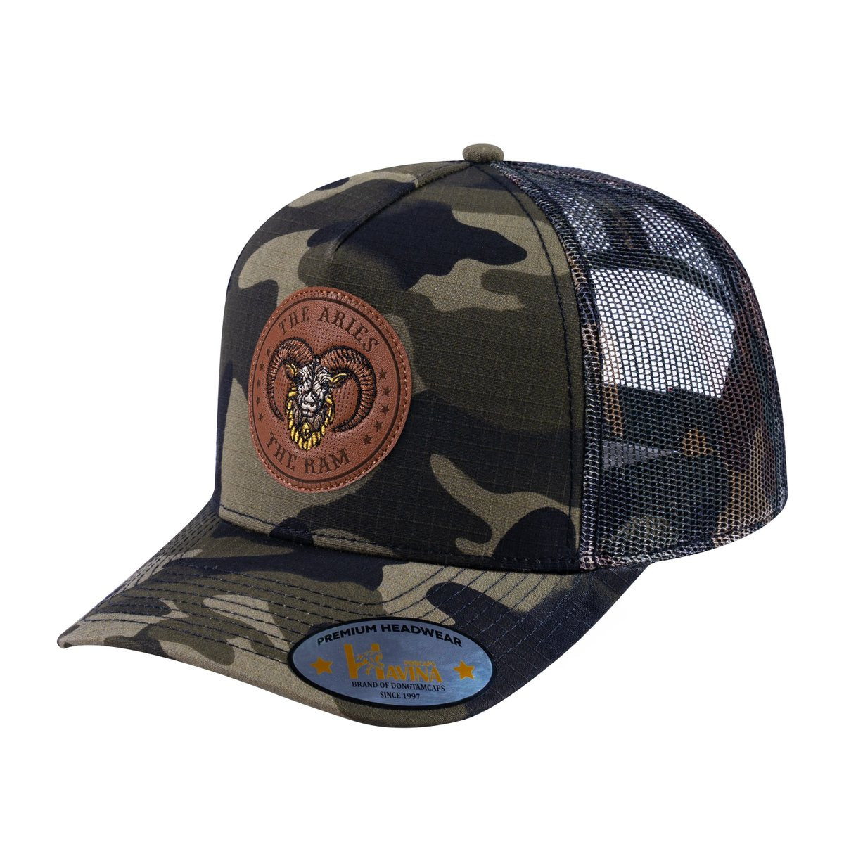 Unisex V2 Embroidered And Laser-Engraved Aries Zodiac (March 21, April 19), 5-Panel Trucker Hat, Green Camo/Green Camo, Adjustable Fit