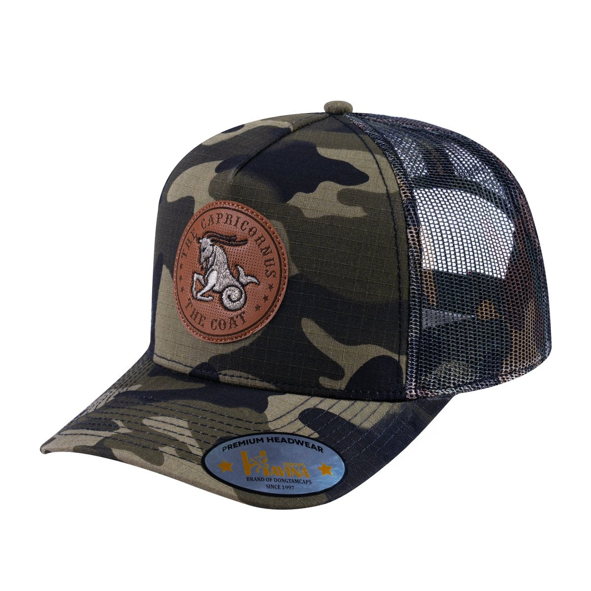 Unisex V2 Embroidered And Laser-Engraved Capricorn Zodiac (December 22, January 19), 5-Panel Trucker Hat, Green Camo/Green Camo, Adjustable Fit