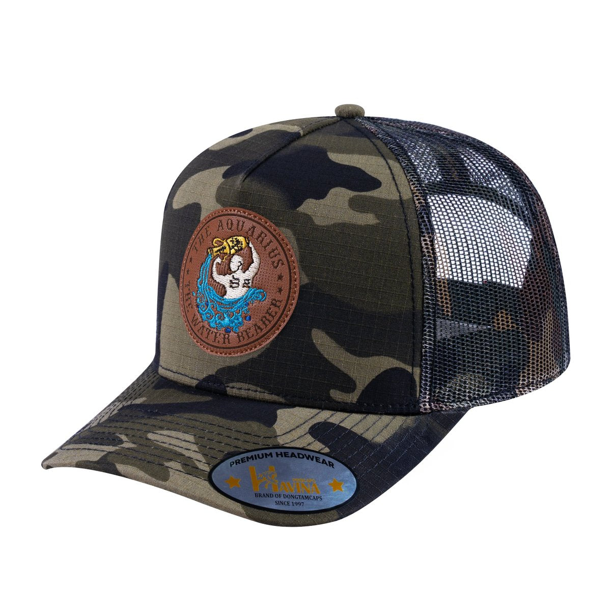 Unisex V2 Embroidered And Laser-Engraved Aquarius Zodiac (January 20, February 18), 5-Panel Trucker Hat, Green Camo/Green Camo, Adjustable Fit