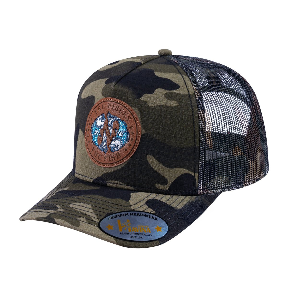 Unisex V2 Embroidered And Laser-Engraved Pisces Zodiac (February 19, March 20), 5-Panel Trucker Hat, Green Camo/Green Camo, Adjustable Fit