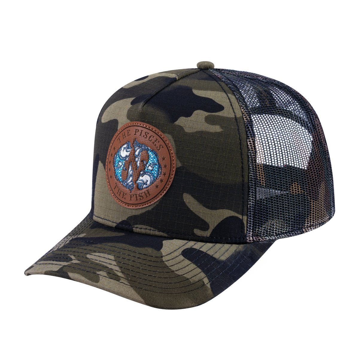 Unisex V2 Embroidered And Laser-Engraved Pisces Zodiac (February 19, March 20), 5-Panel Trucker Hat, Green Camo/Green Camo, Adjustable Fit