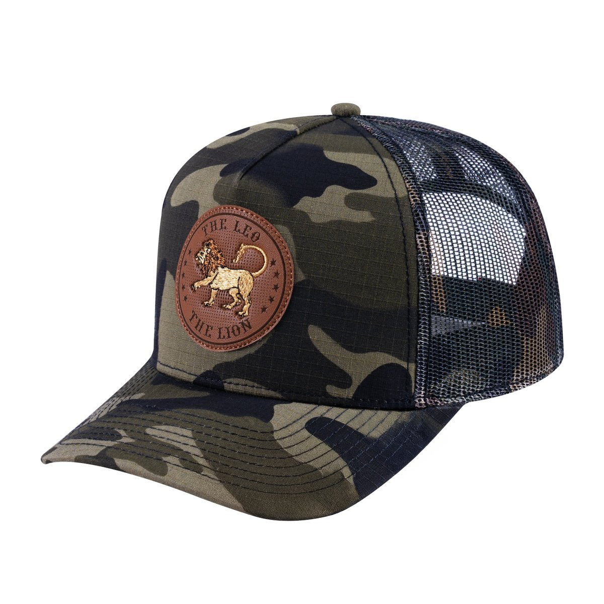 Unisex V2 Embroidered And Laser-Engraved Leo Zodiac (July 23, August 22), 5-Panel Trucker Hat, Green Camo/Green Camo, Adjustable Fit