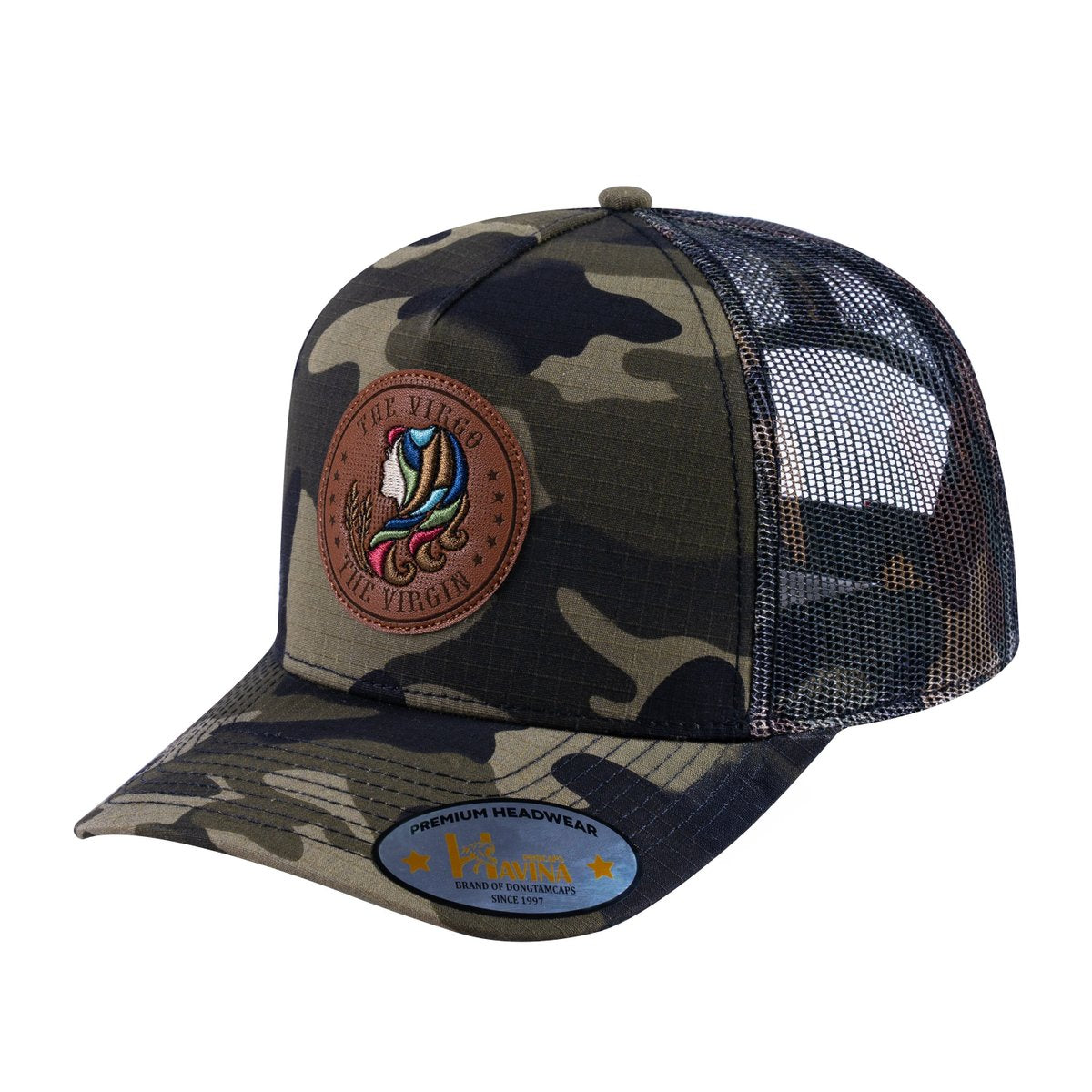 Unisex V2 Embroidered And Laser-Engraved Virgo Zodiac (August 23, September 22), 5-Panel Trucker Hat, Green Camo/Green Camo, Adjustable Fit
