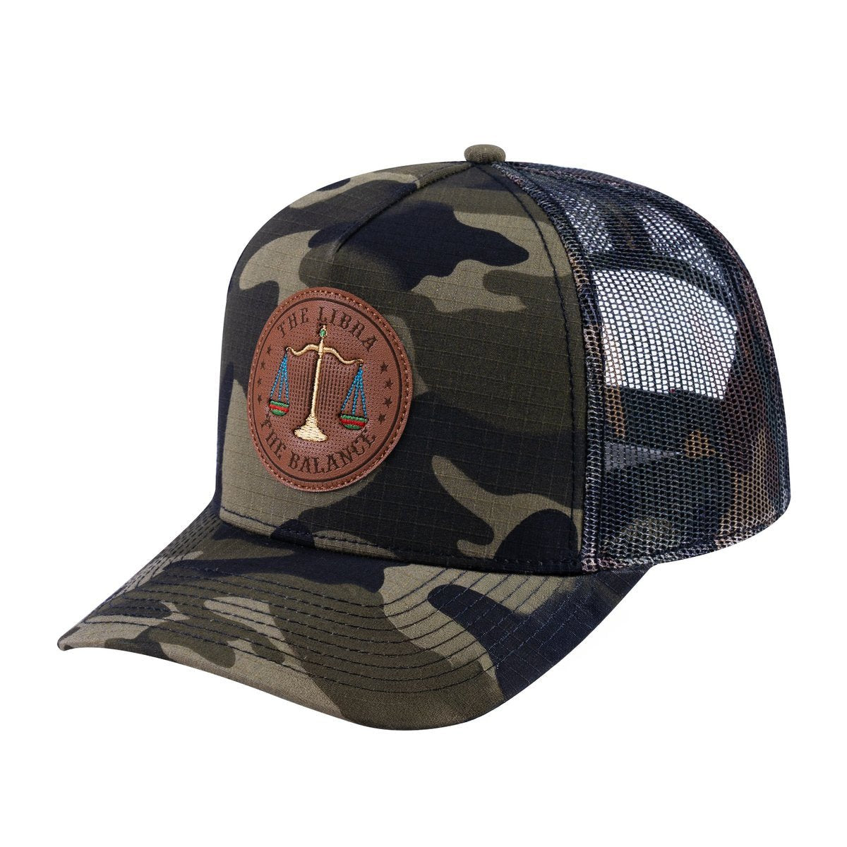 Unisex V2 Embroidered And Laser-Engraved Libra Zodiac (September 23, October 22), 5-Panel Trucker Hat, Green Camo/Green Camo, Adjustable Fit