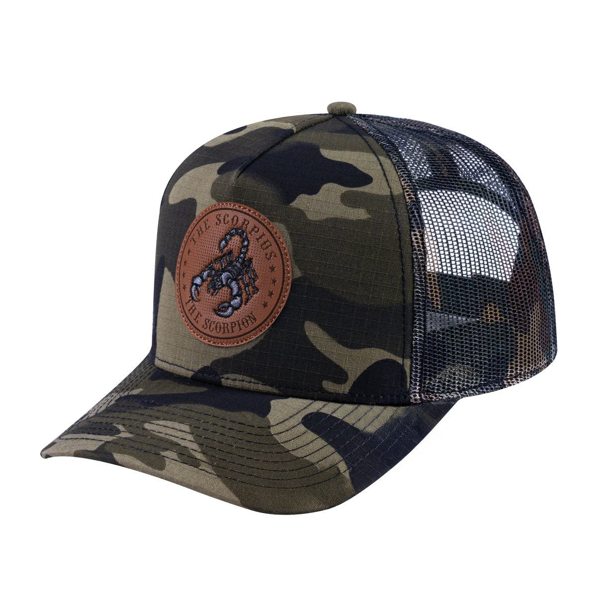 Unisex V2 Embroidered And Laser-Engraved Scorpius Zodiac (October 23, November 21), 5-Panel Trucker Hat, Green Camo/Green Camo, Adjustable Fit