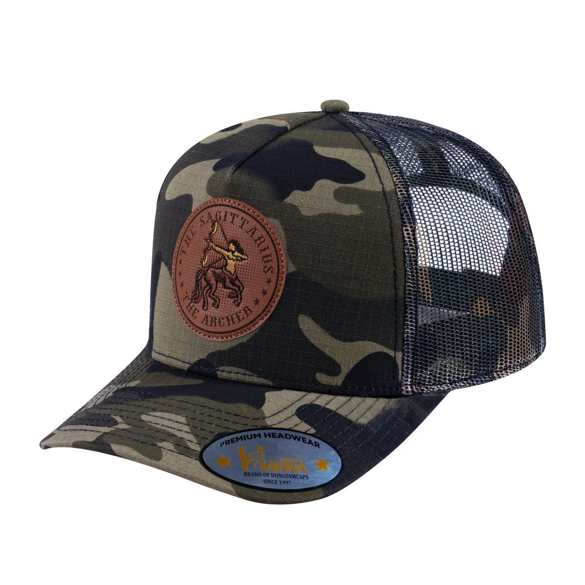 V2 Embroidered And Laser-Engraved Sagittarius Zodiac (November 22 - December 21) - 5 Panel Trucker Hat - Green Camo/Green Camo