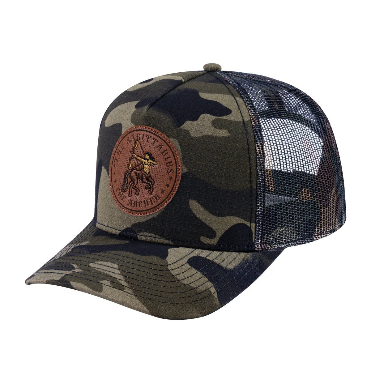 Unisex V2 Embroidered And Laser-Engraved Sagittarius Zodiac (November 22, December 21), 5-Panel Trucker Hat, Green Camo/Green Camo, Adjustable Fit