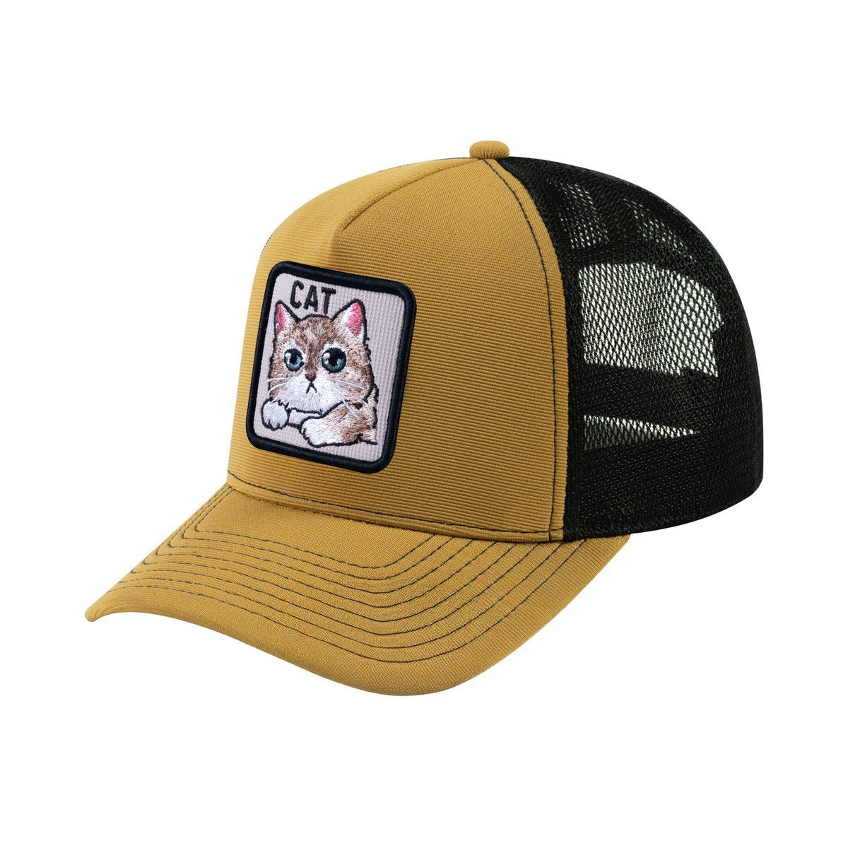 Unisex V2 Embroidered The Cat, 5-Panel Trucker Hat, Light Brown/Black, Adjustable Fit