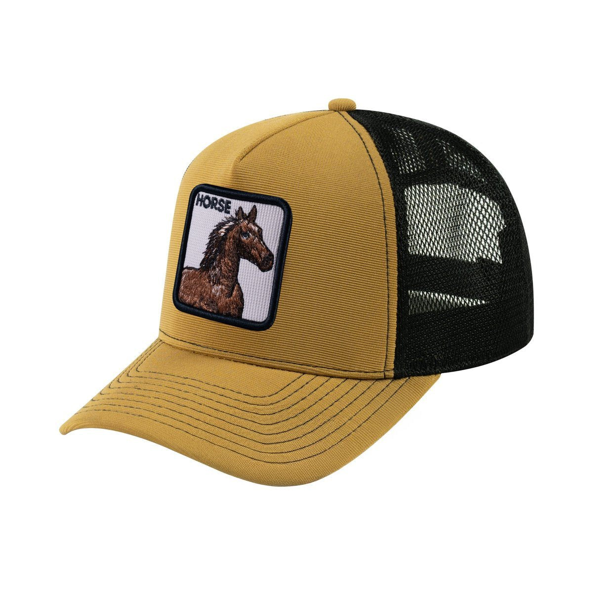 Unisex V2 Embroidered The Horse, 5-Panel Trucker Hat, Light Brown/Black, Adjustable Fit