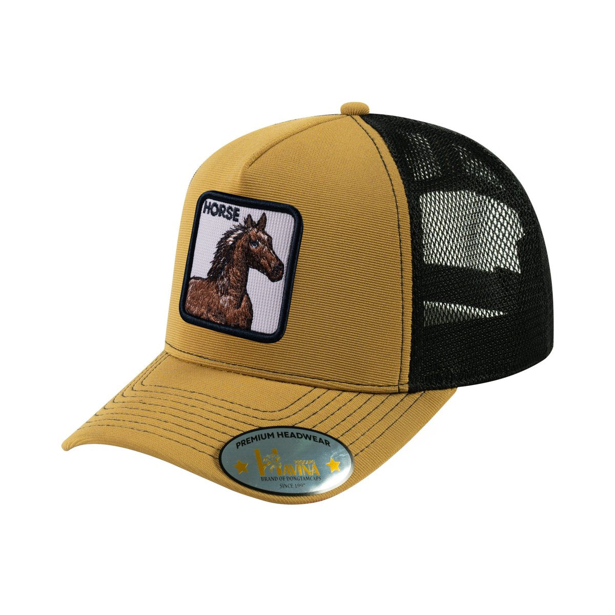Unisex V2 Embroidered The Horse, 5-Panel Trucker Hat, Light Brown/Black, Adjustable Fit