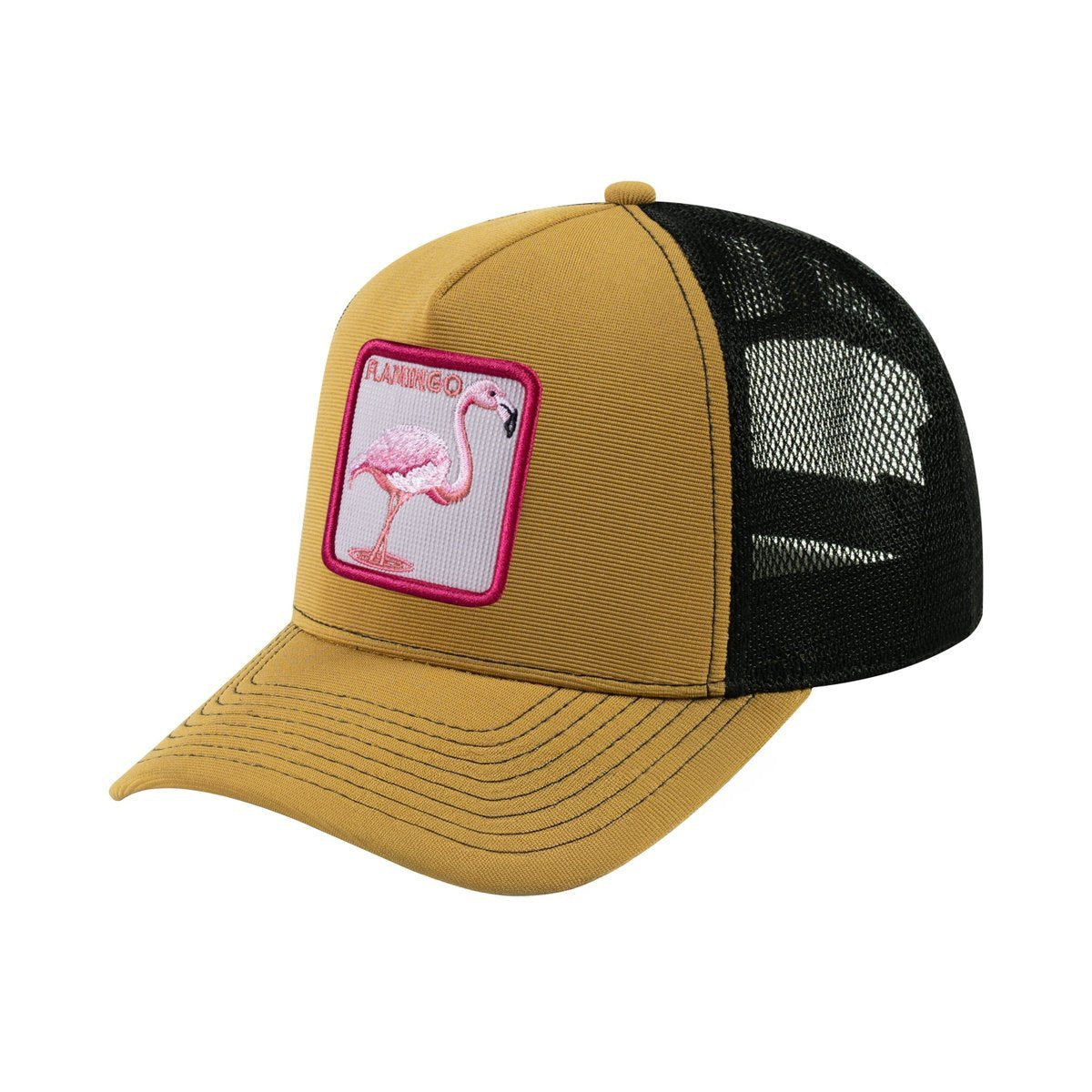 Unisex V2 Embroidered The Flamingo, 5-Panel Trucker Hat, Light Brown/Black, Adjustable Fit