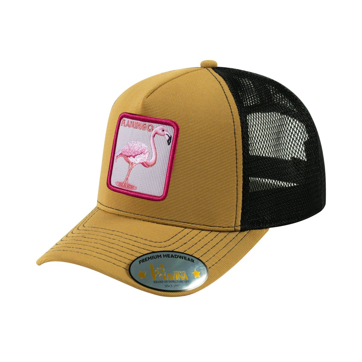 Unisex V2 Embroidered The Flamingo, 5-Panel Trucker Hat, Light Brown/Black, Adjustable Fit
