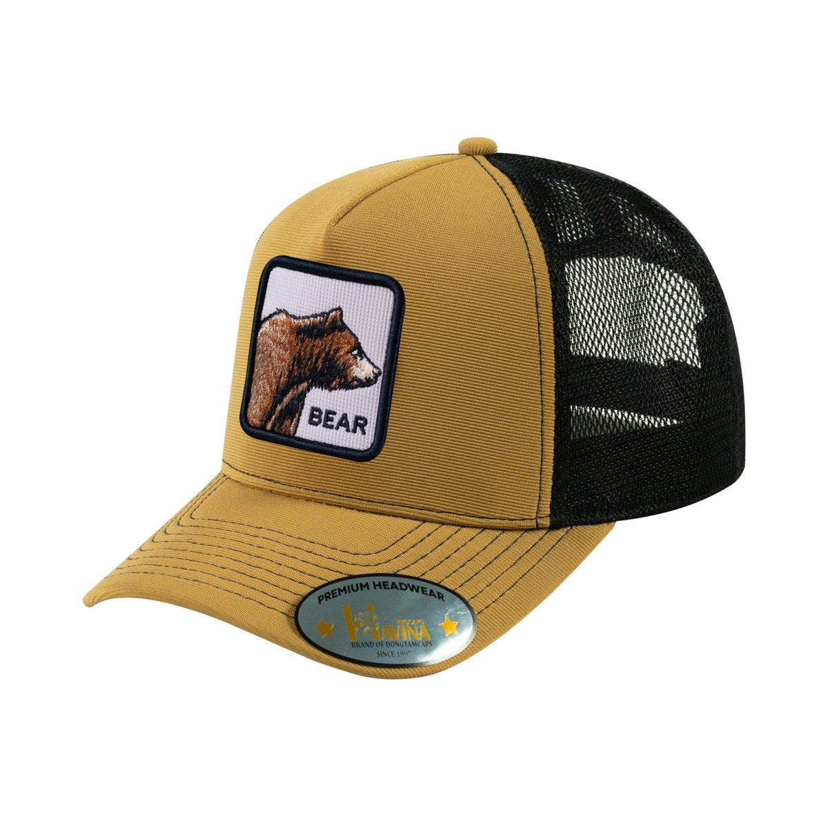 Unisex V2 Embroidered The Bear, 5-Panel Trucker Hat, Light Brown/Black, Adjustable Fit