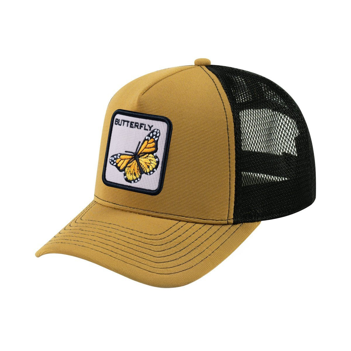 Unisex V2 Embroidered The Butterfly, 5-Panel Trucker Hat, Light Brown/Black, Adjustable Fit