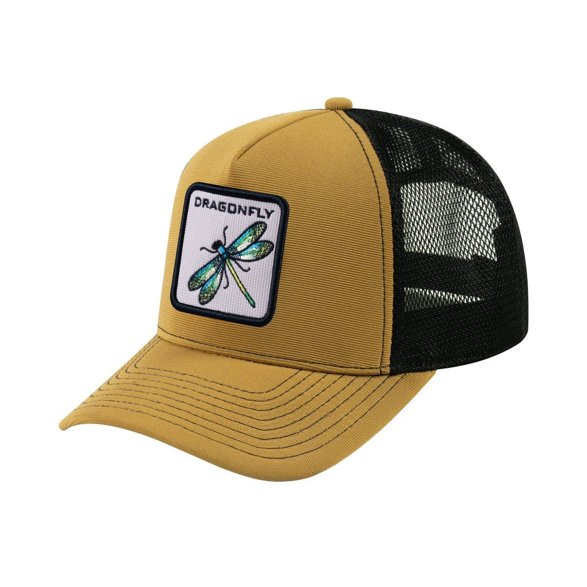 Unisex V2 Embroidered The Dragonfly, 5-Panel Trucker Hat, Light Brown/Black, Adjustable Fit
