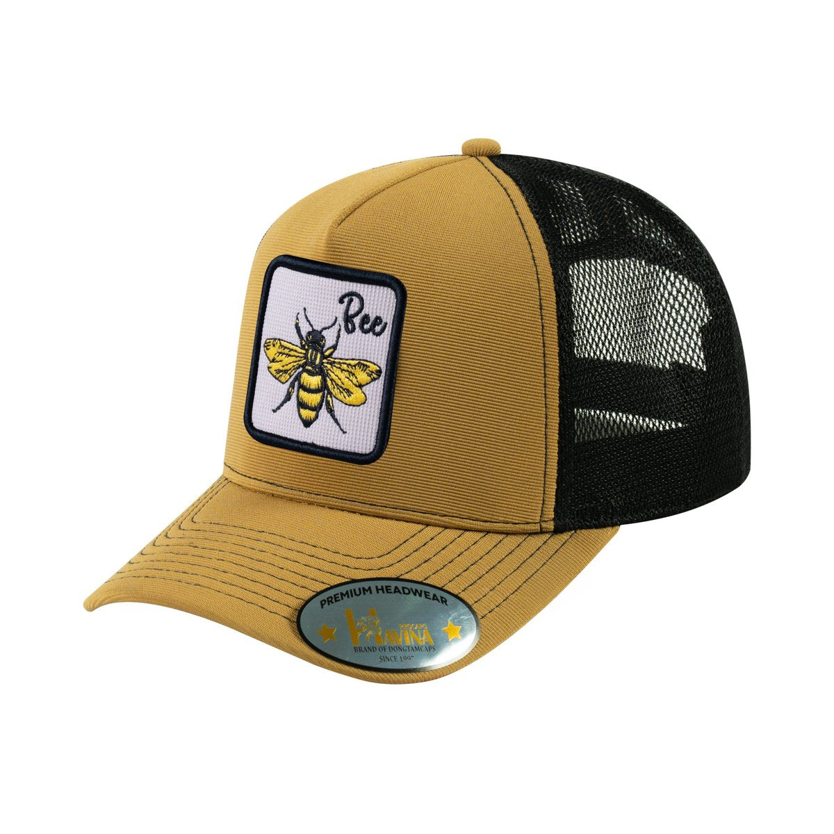 Unisex V2 Embroidered The Bee, 5-Panel Trucker Hat, Light Brown/Black, Adjustable Fit