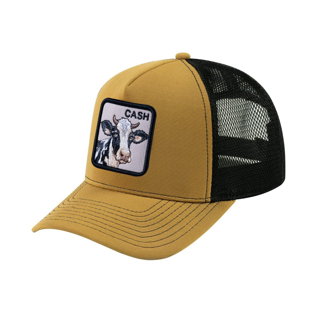 Unisex V2 Embroidered The Cow, 5-Panel Trucker Hat, Light Brown/Black, Adjustable Fit